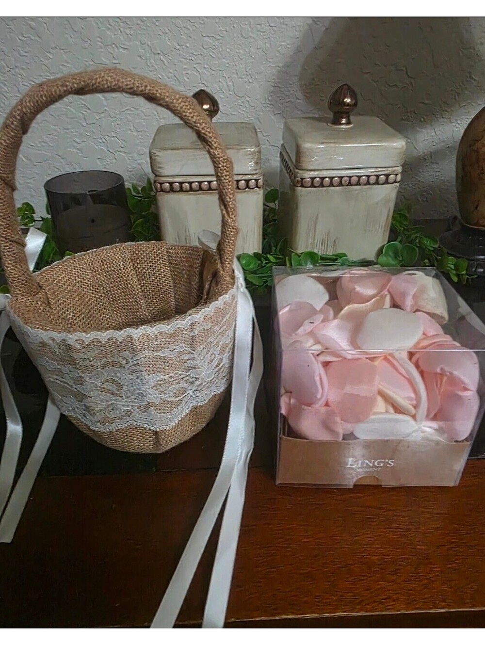 Rustic Burlap Lace Flower Girl Basket with Blush Ivory Rose Petals